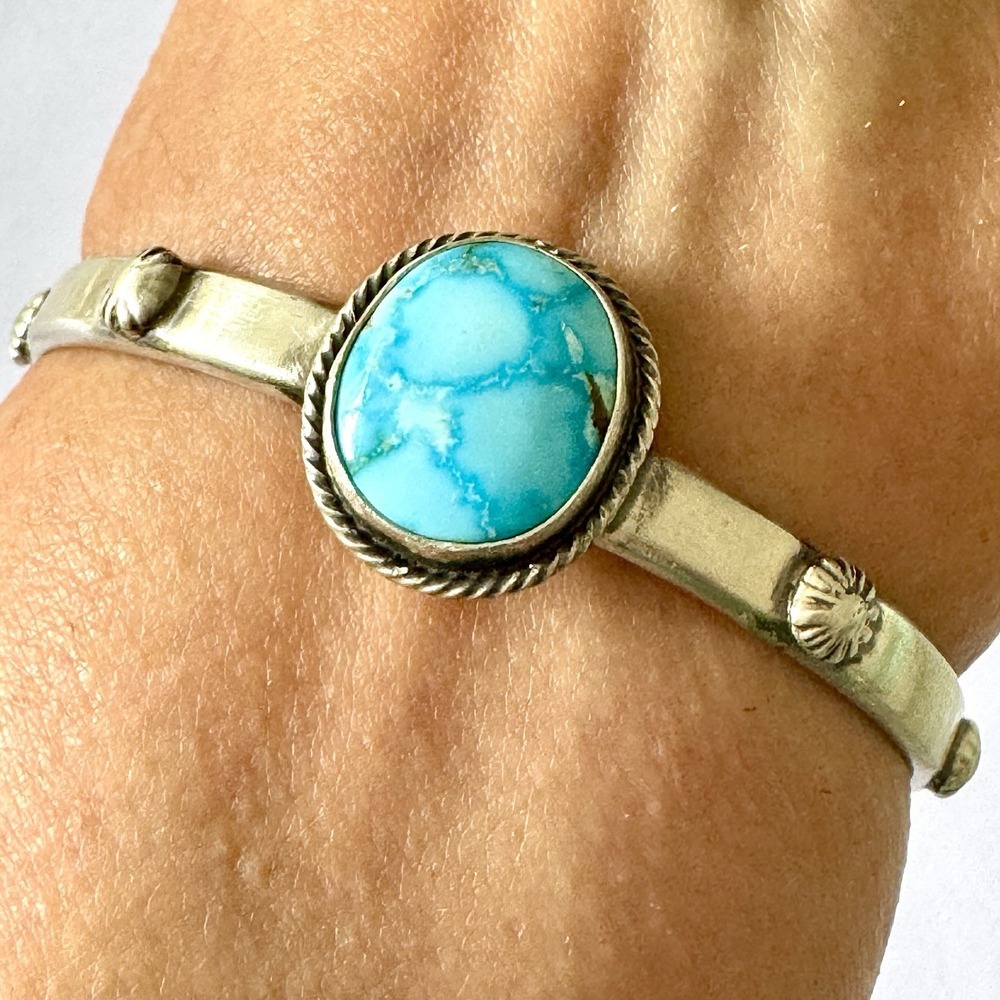 Navajo Turquoise Cuff Bracelet 6.5in‎ Hand Stamped Signed Yellowhair Sterling